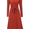 Clothing Retro Stage | 1940S Solid Knitted Lantern A-Line Belt Dress