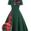 Clothing Retro Stage | 1950S Plaid Patchwork Bow Swing Dress Green