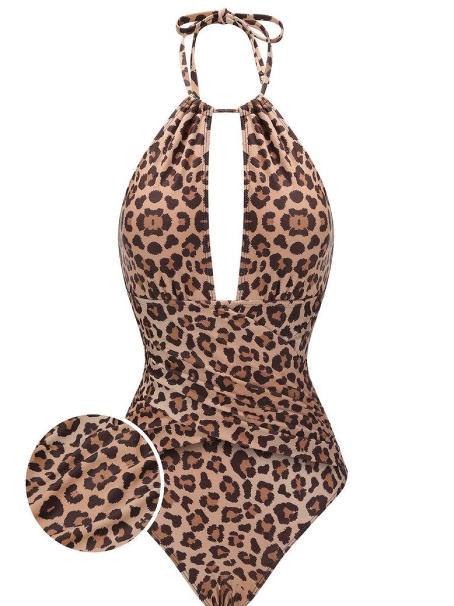 Clothing Retro Stage | 1930S Leopard V-Neck Halter Swimsuit Brown