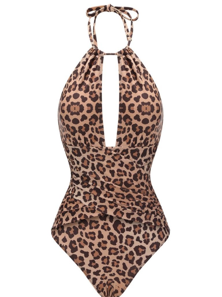 Clothing Retro Stage | 1930S Leopard V-Neck Halter Swimsuit Brown