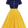 Clothing Retro Stage | Snow White Style Button 1950S Dress Navy Yellow