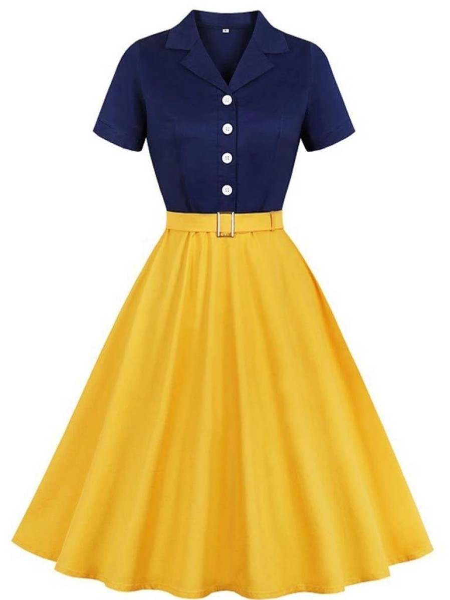 Clothing Retro Stage | Snow White Style Button 1950S Dress Navy Yellow