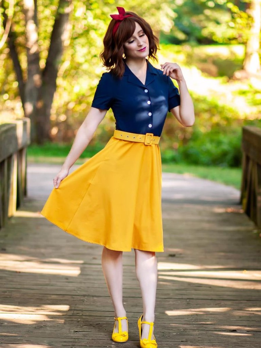 Clothing Retro Stage | Snow White Style Button 1950S Dress Navy Yellow