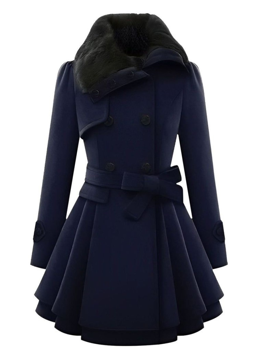 Clothing Retro Stage | Christmas Fur Collar Waisted Woolen Coat