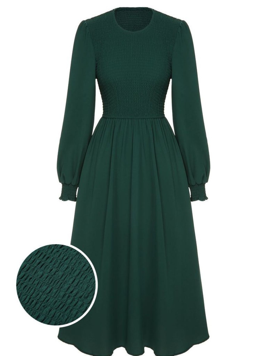 Clothing Retro Stage | 1940S Top Elastic Regular Sleeve Dress Green