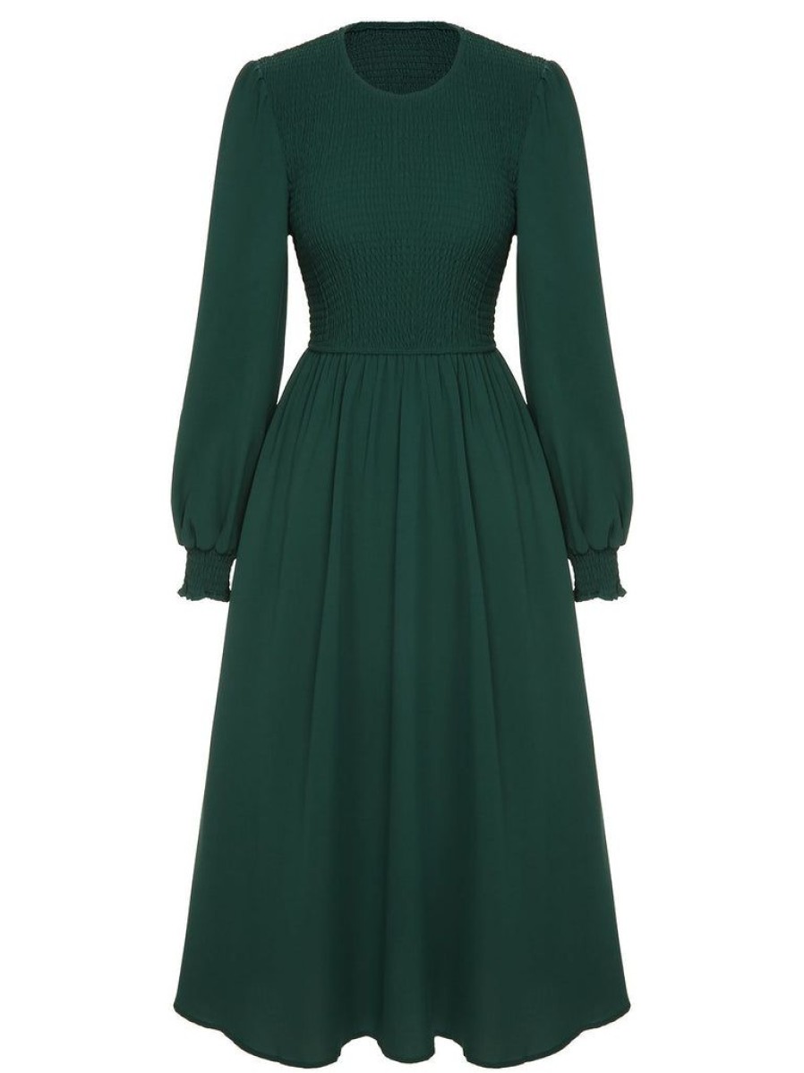 Clothing Retro Stage | 1940S Top Elastic Regular Sleeve Dress Green