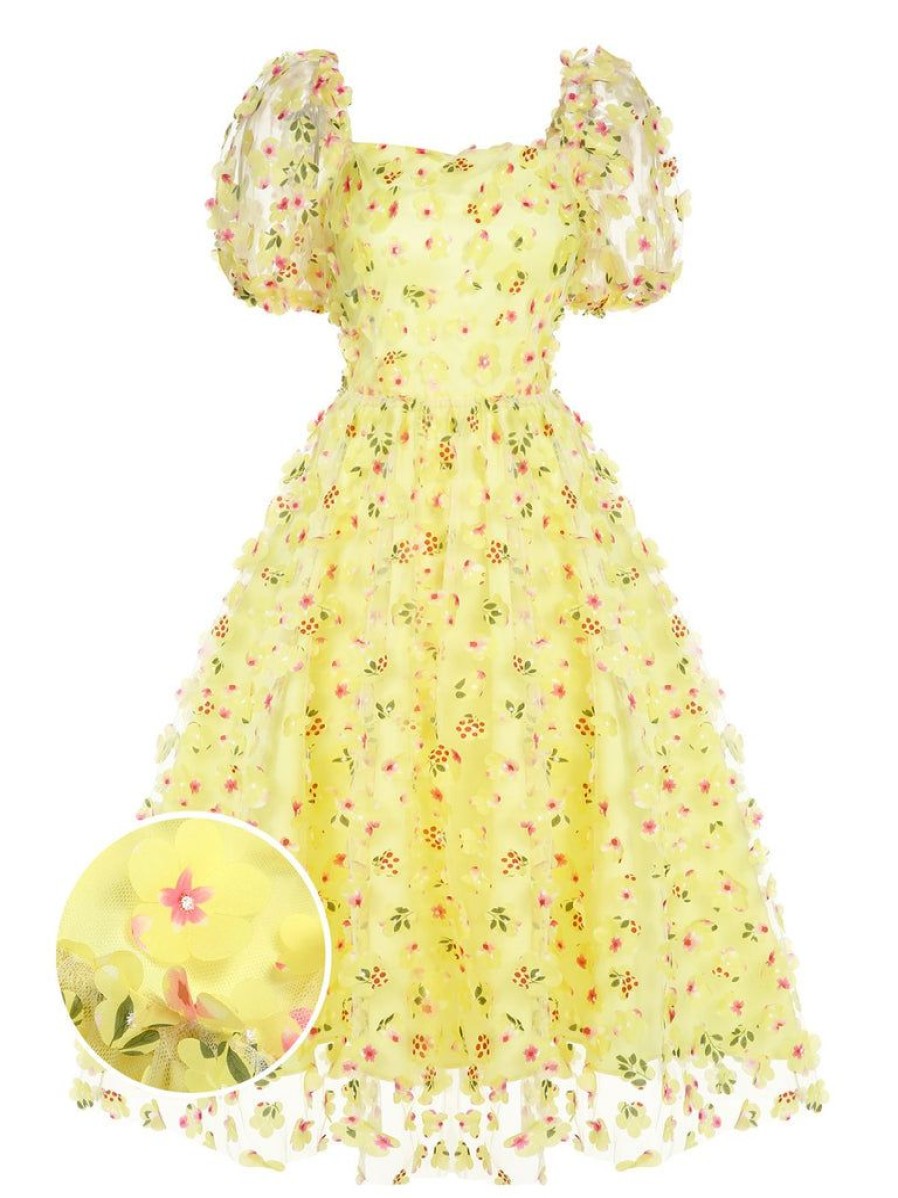 Clothing Retro Stage | 3D Floral Puff Sleeves Swing Dress Yellow