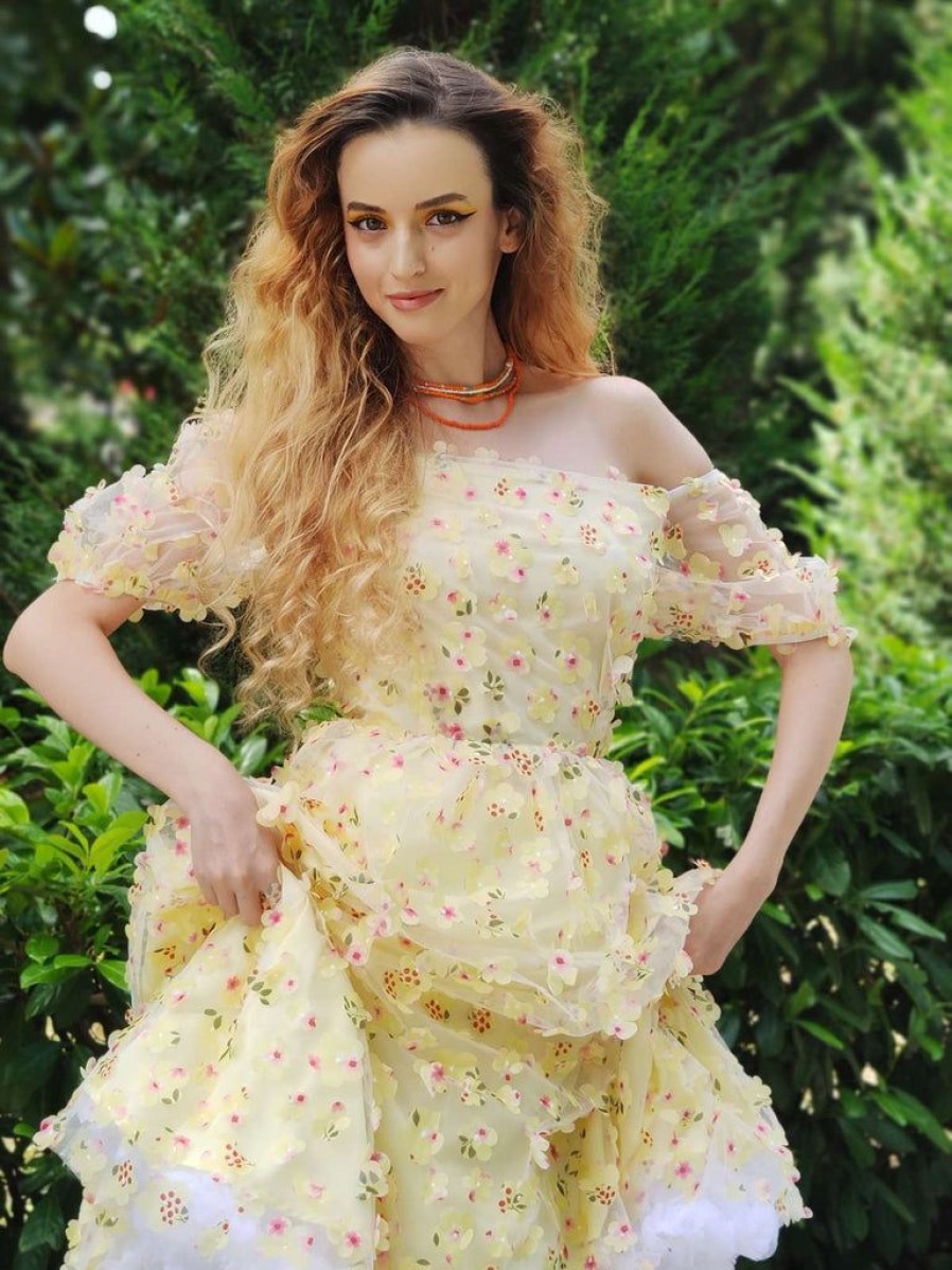 Clothing Retro Stage | 3D Floral Puff Sleeves Swing Dress Yellow