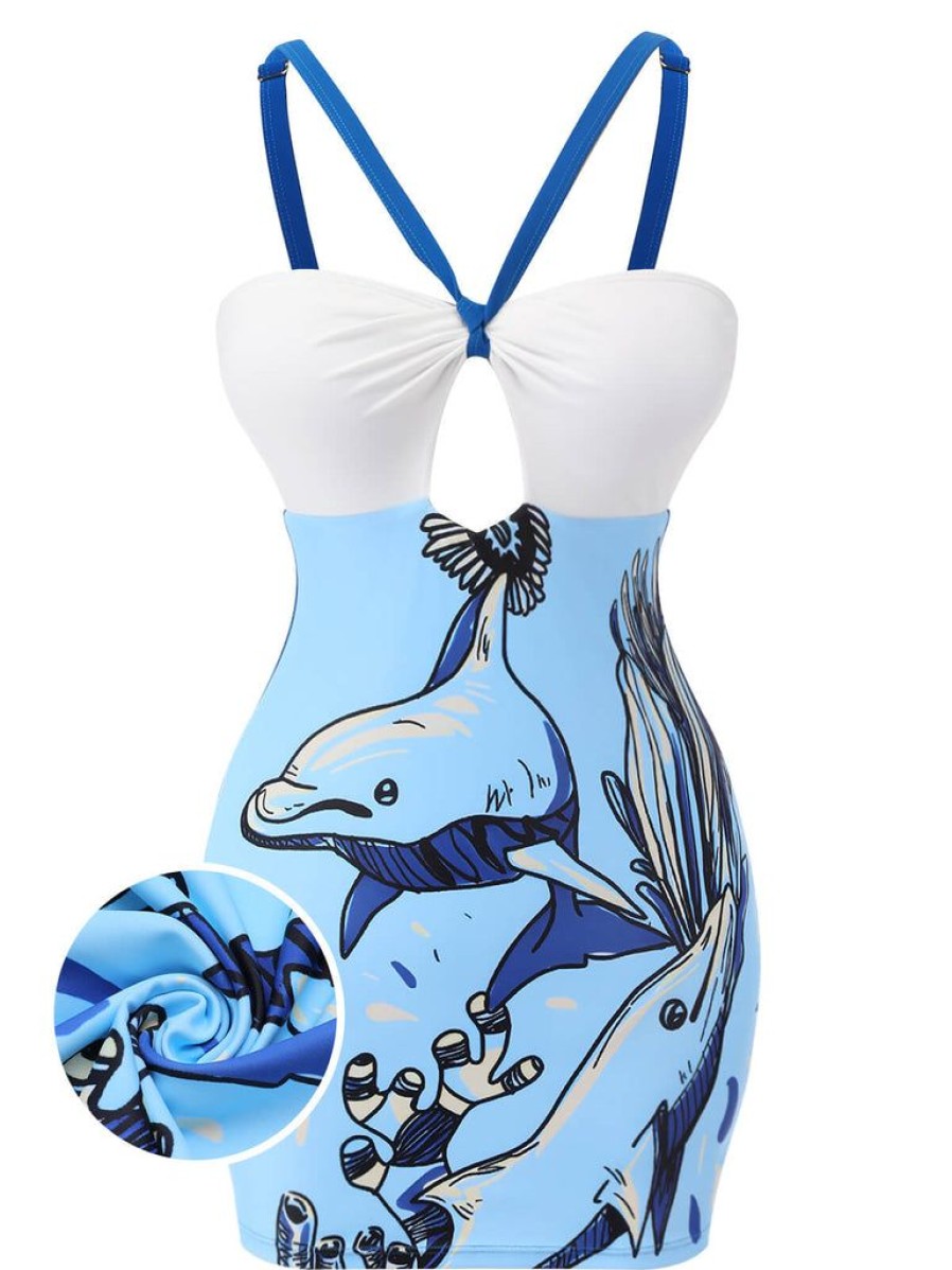 Clothing Retro Stage | 1940S Dolphin Halter One-Piece Swimsuit Blue