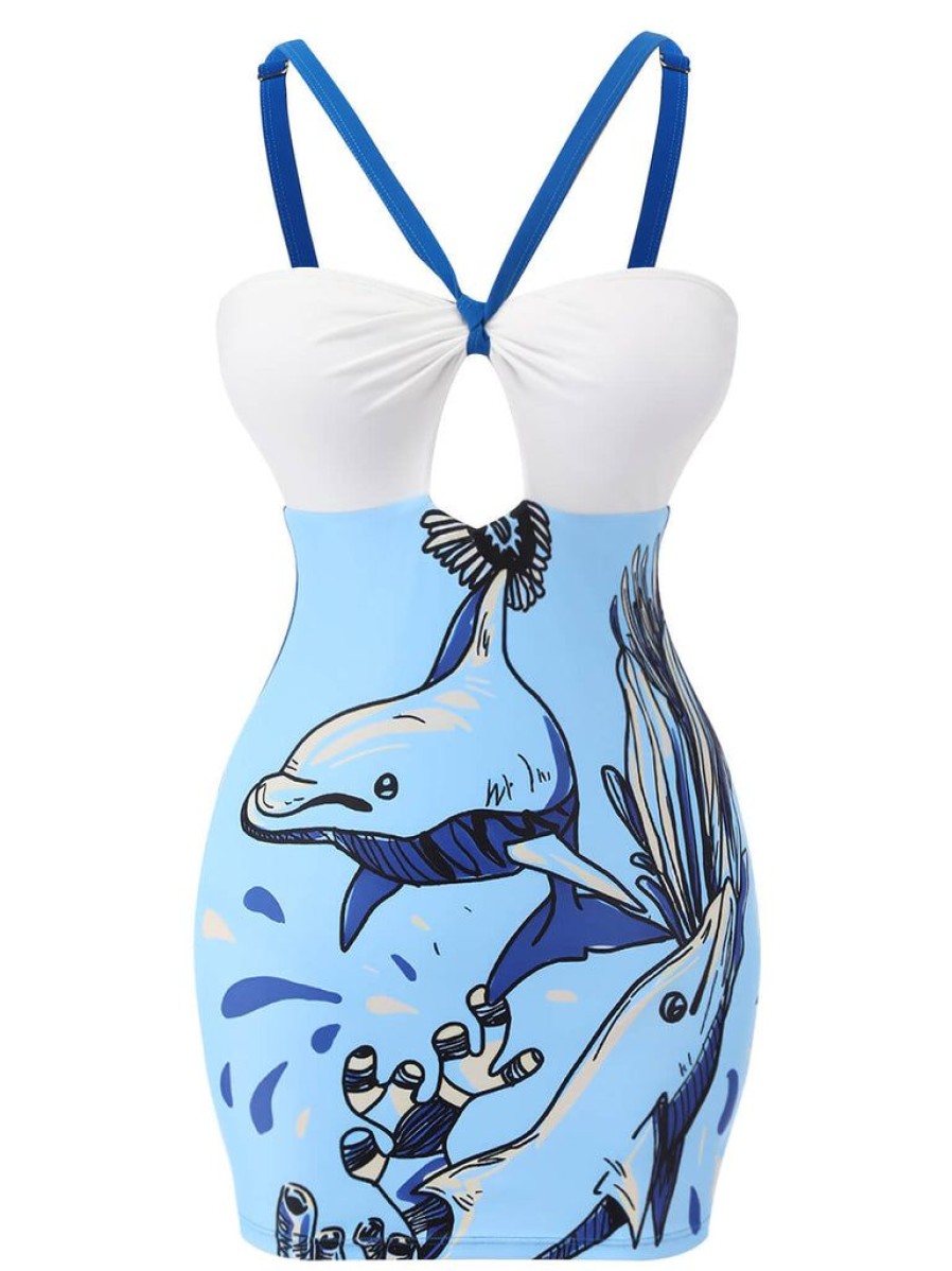 Clothing Retro Stage | 1940S Dolphin Halter One-Piece Swimsuit Blue