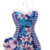 Clothing Retro Stage | 1950S Plaid&Floral Swimsuit Blue