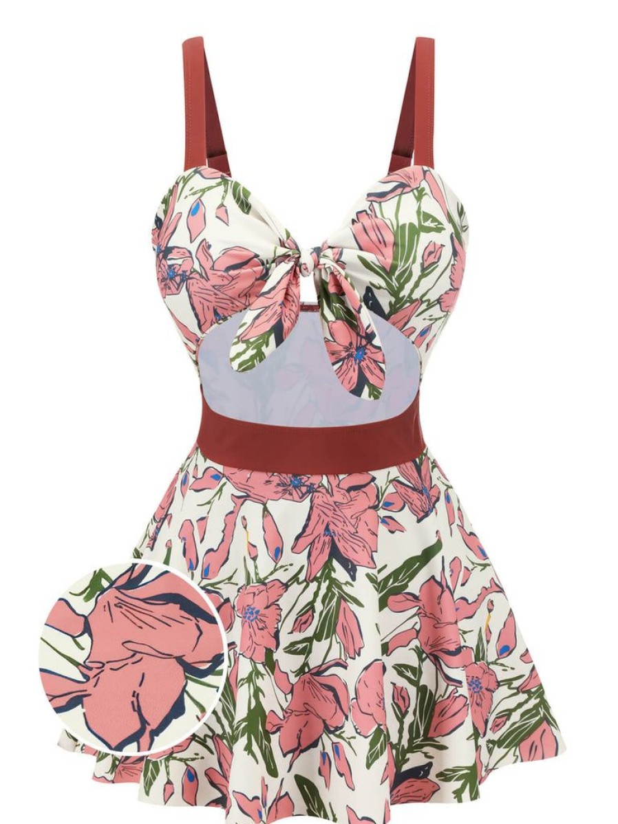 Clothing Retro Stage | 1940S Floral Strap One-Piece Swimsuit Pink