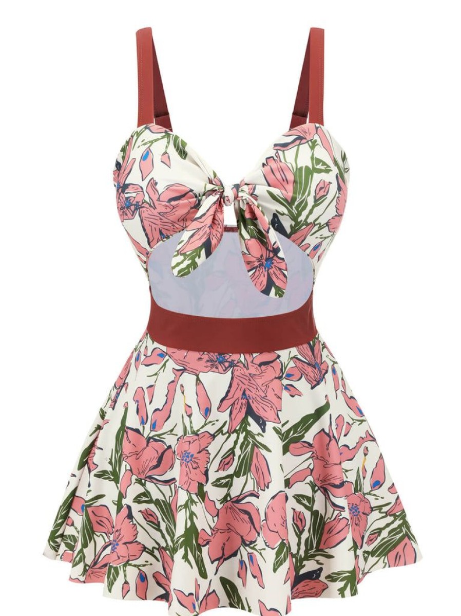 Clothing Retro Stage | 1940S Floral Strap One-Piece Swimsuit Pink