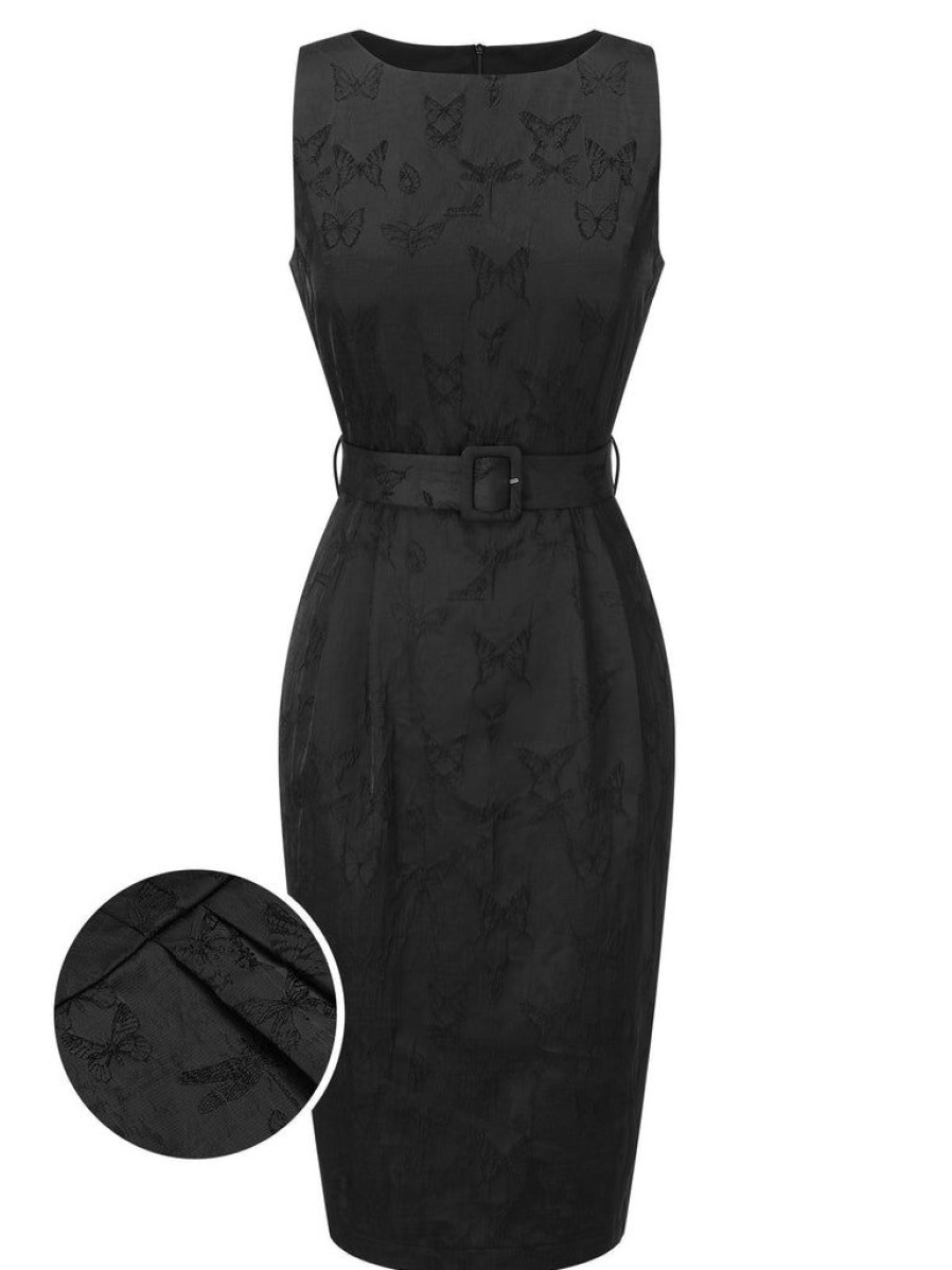 Clothing Retro Stage | 1960S Sleeveless Butterflies Belted Solid Dress Black