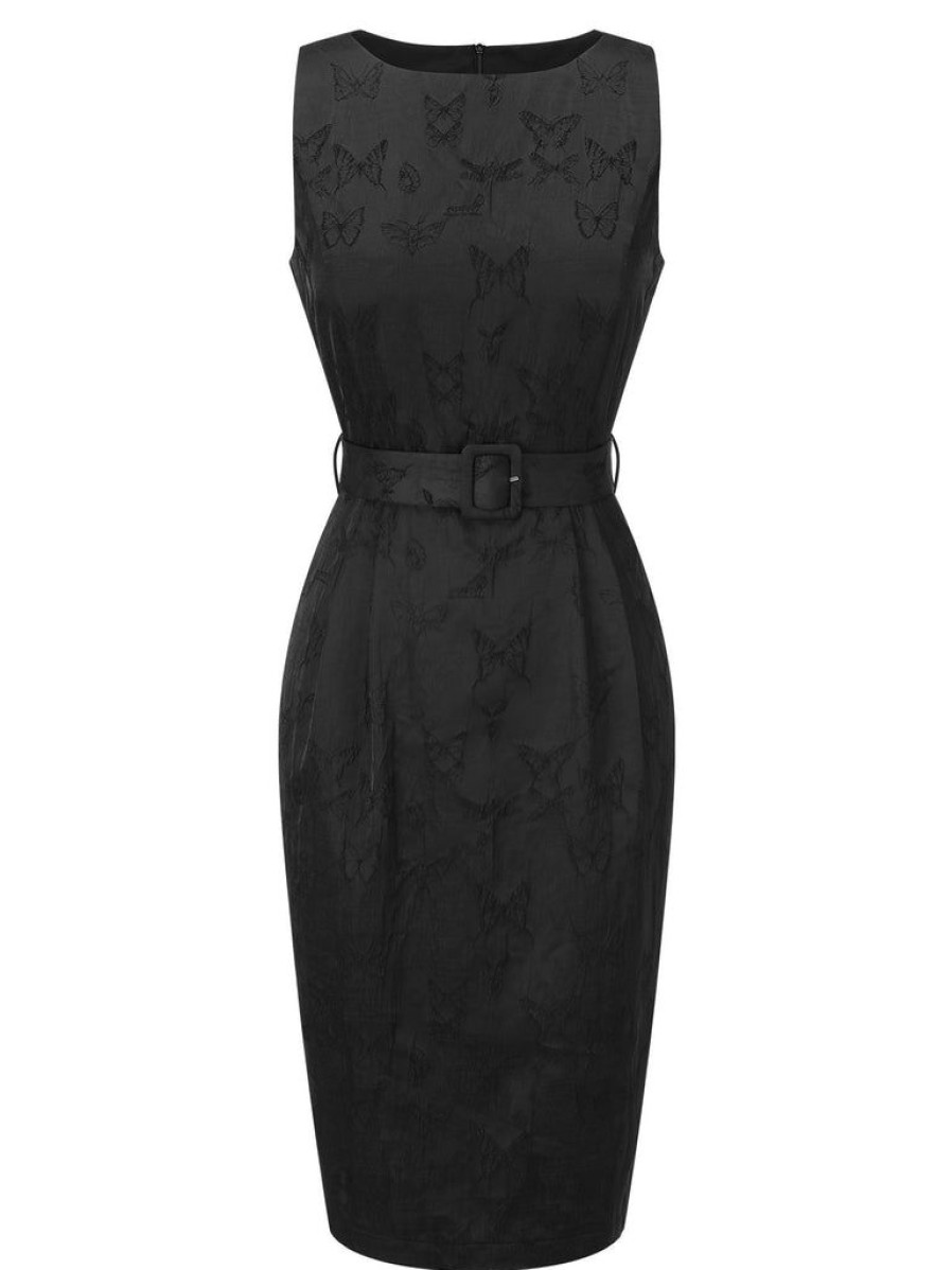 Clothing Retro Stage | 1960S Sleeveless Butterflies Belted Solid Dress Black