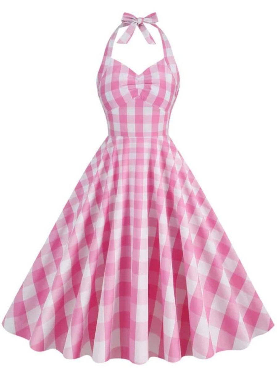 Clothing Retro Stage | 1950S Plaid Halter Swing Dress