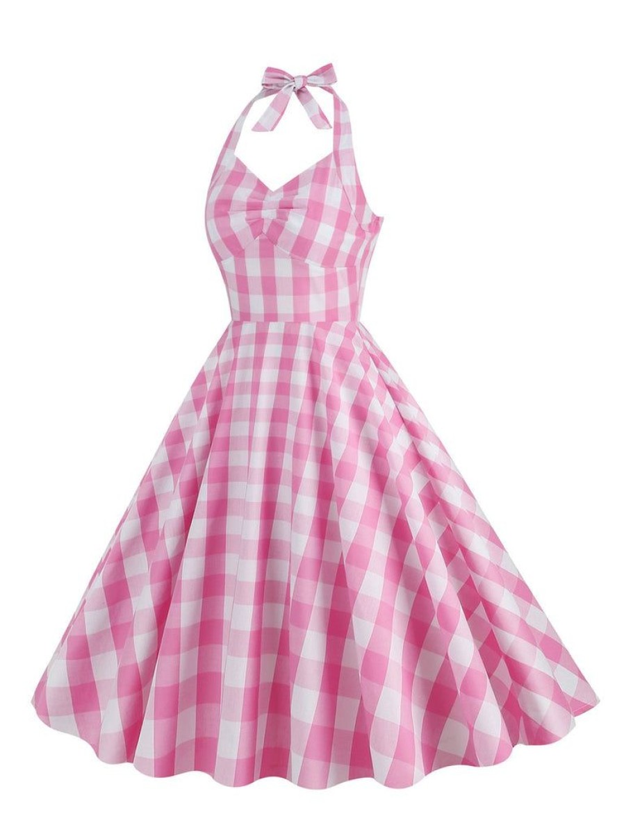 Clothing Retro Stage | 1950S Plaid Halter Swing Dress