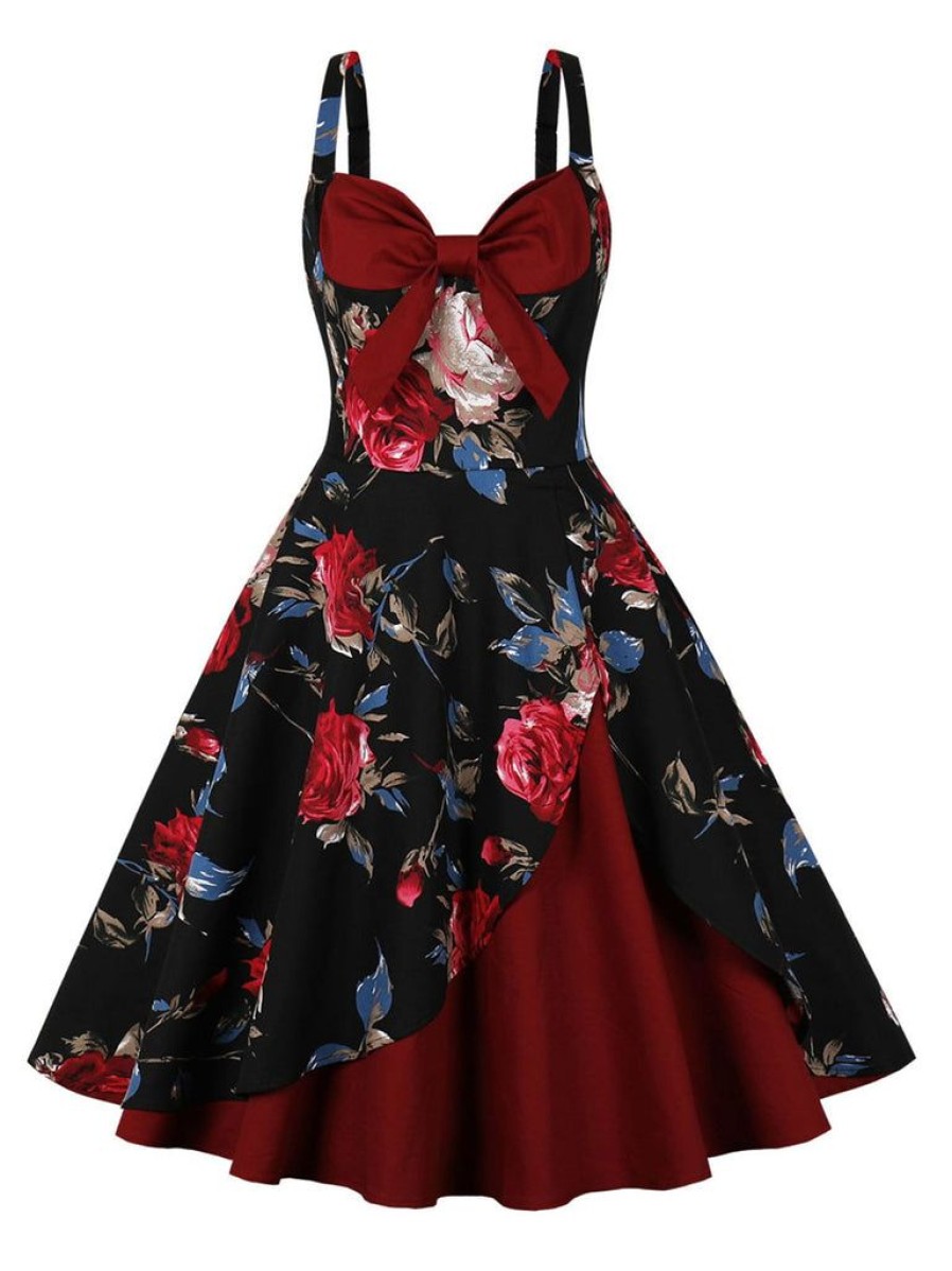 Clothing Retro Stage | 1950S Rose Strap Patchwork Dress Deep Red