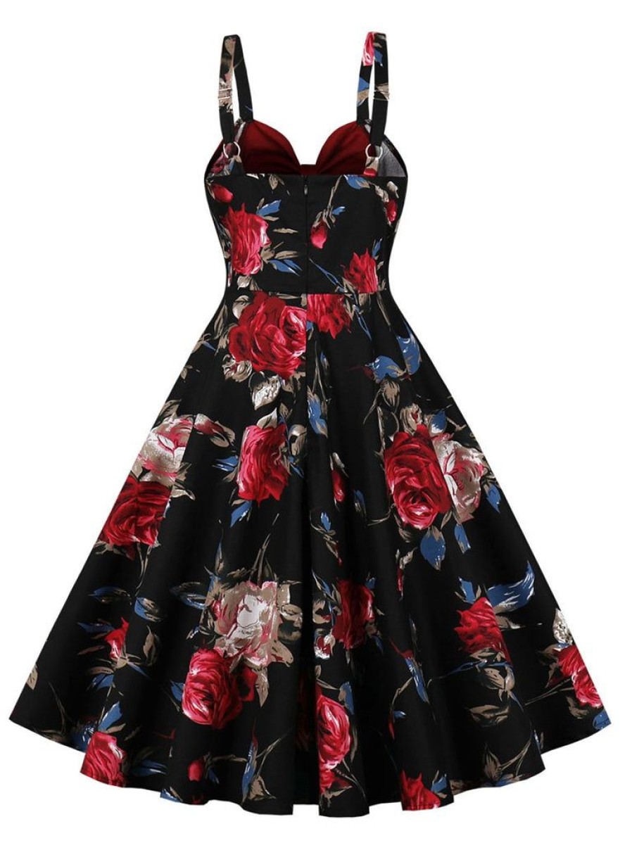 Clothing Retro Stage | 1950S Rose Strap Patchwork Dress Deep Red