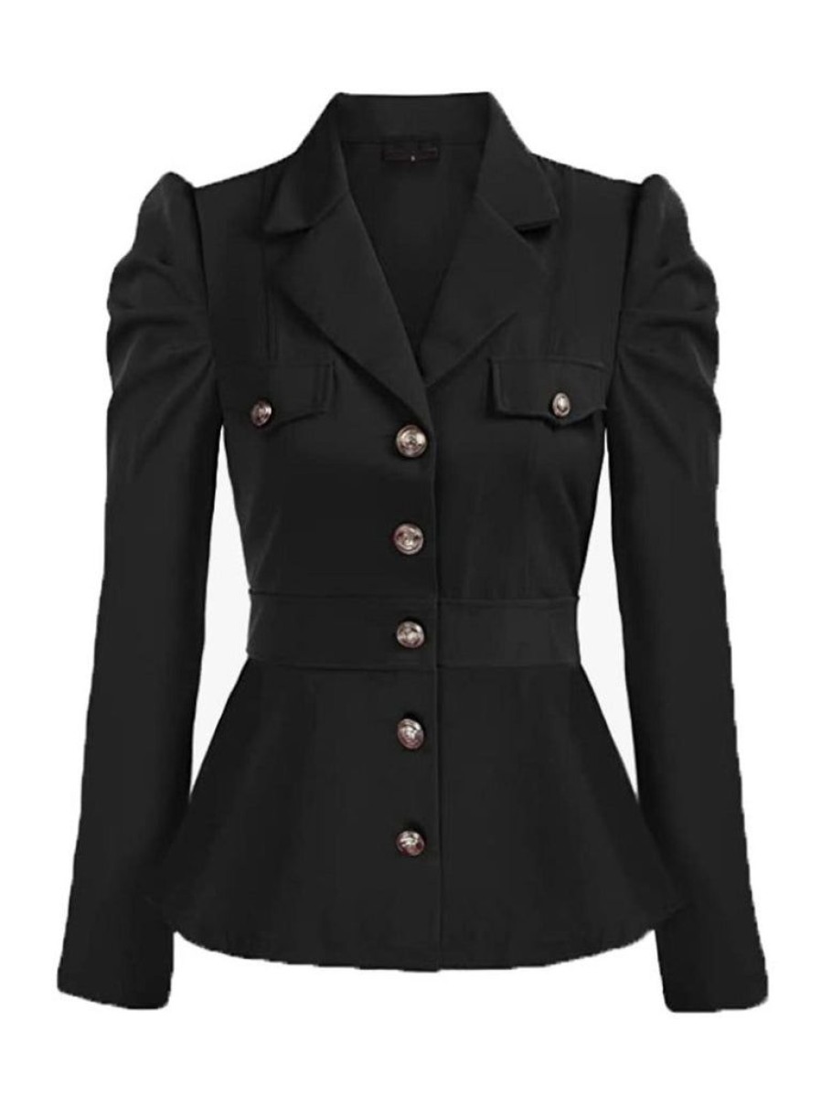 Clothing Retro Stage | 1950S Solid Gigot Sleeves Blazer Black