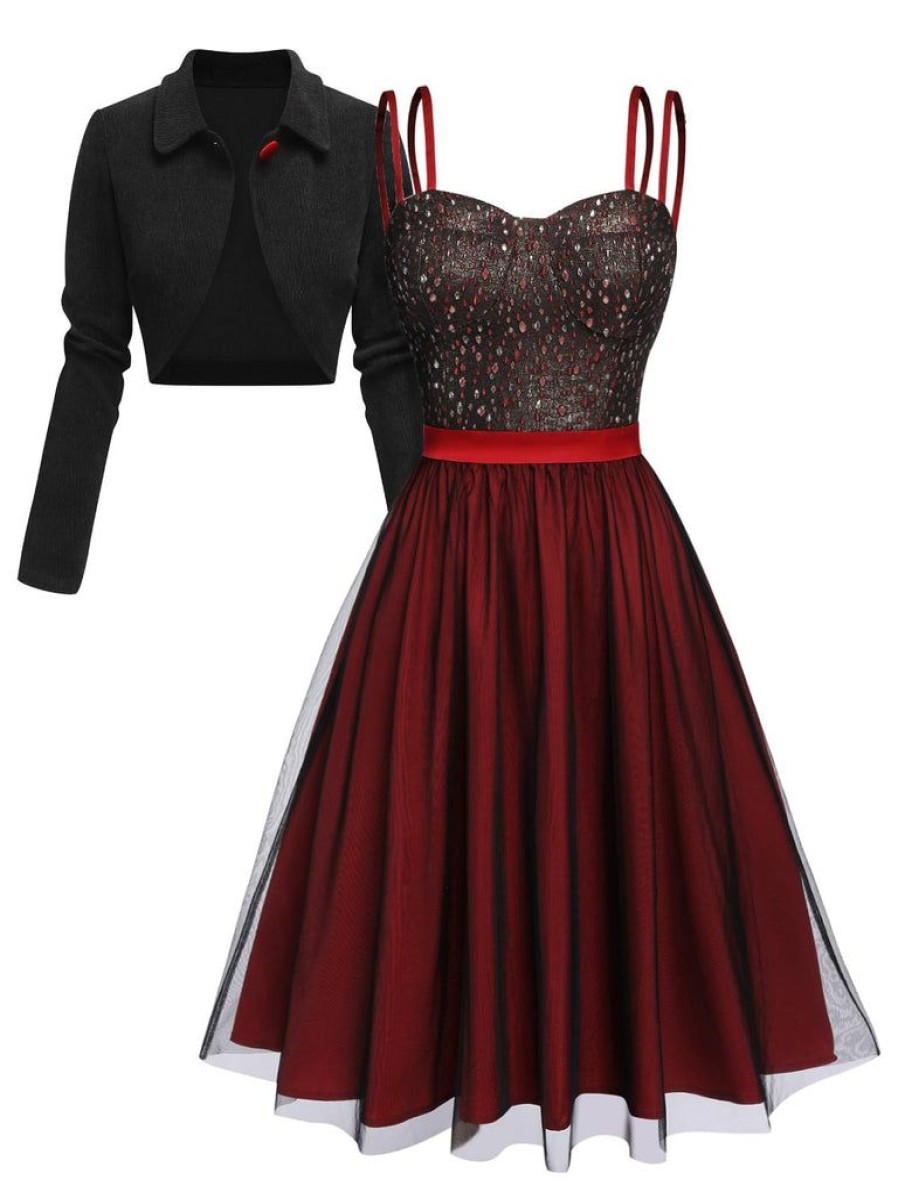 Clothing Retro Stage | 2Pcs Red 1950S Strap Dress & Black Crop Jacket Wine Red