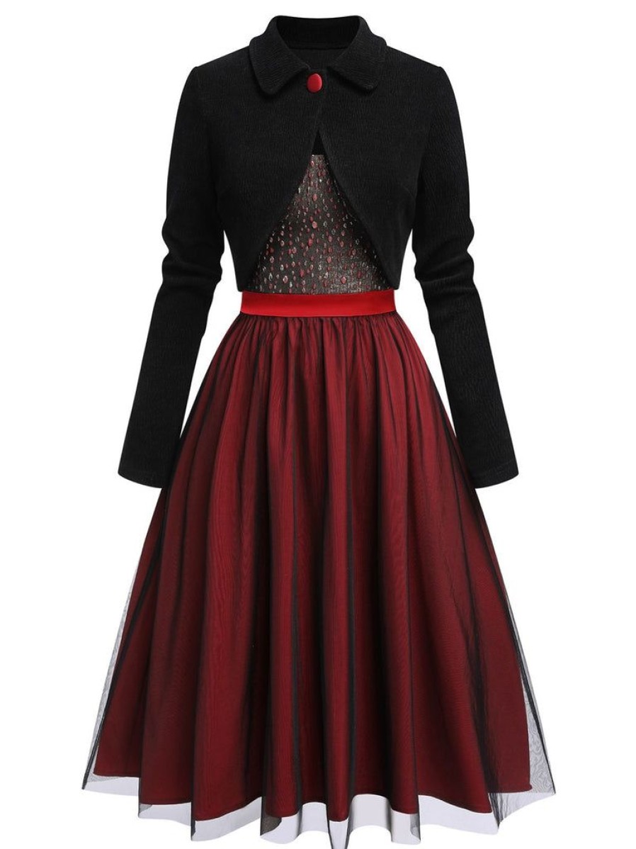 Clothing Retro Stage | 2Pcs Red 1950S Strap Dress & Black Crop Jacket Wine Red