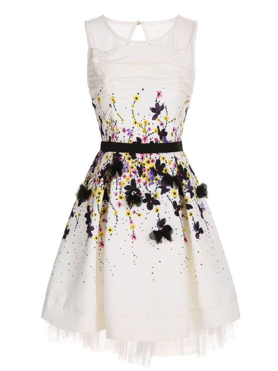 Clothing Retro Stage | 1960S Colorful Floral Sleeveless Dress White