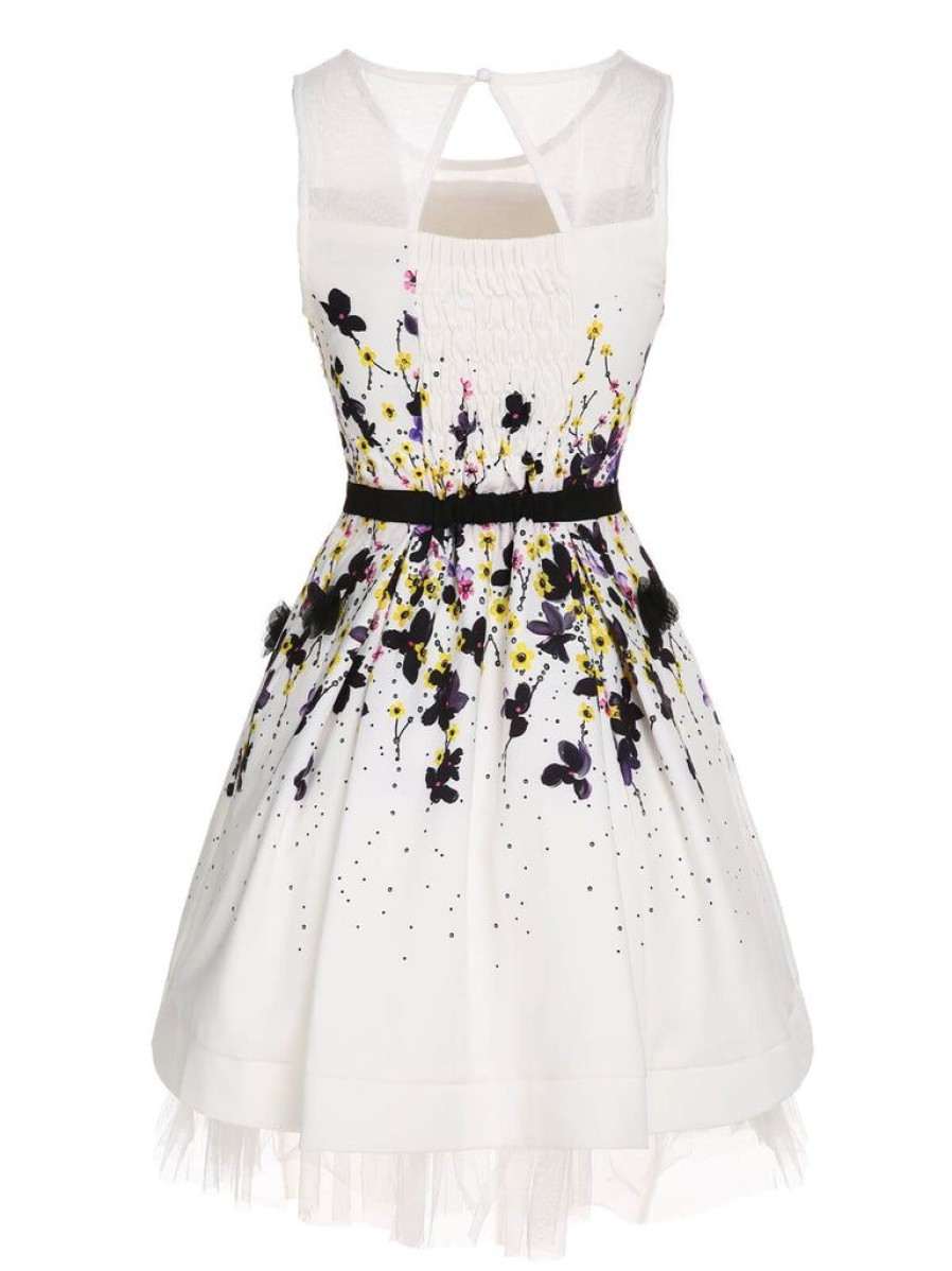 Clothing Retro Stage | 1960S Colorful Floral Sleeveless Dress White