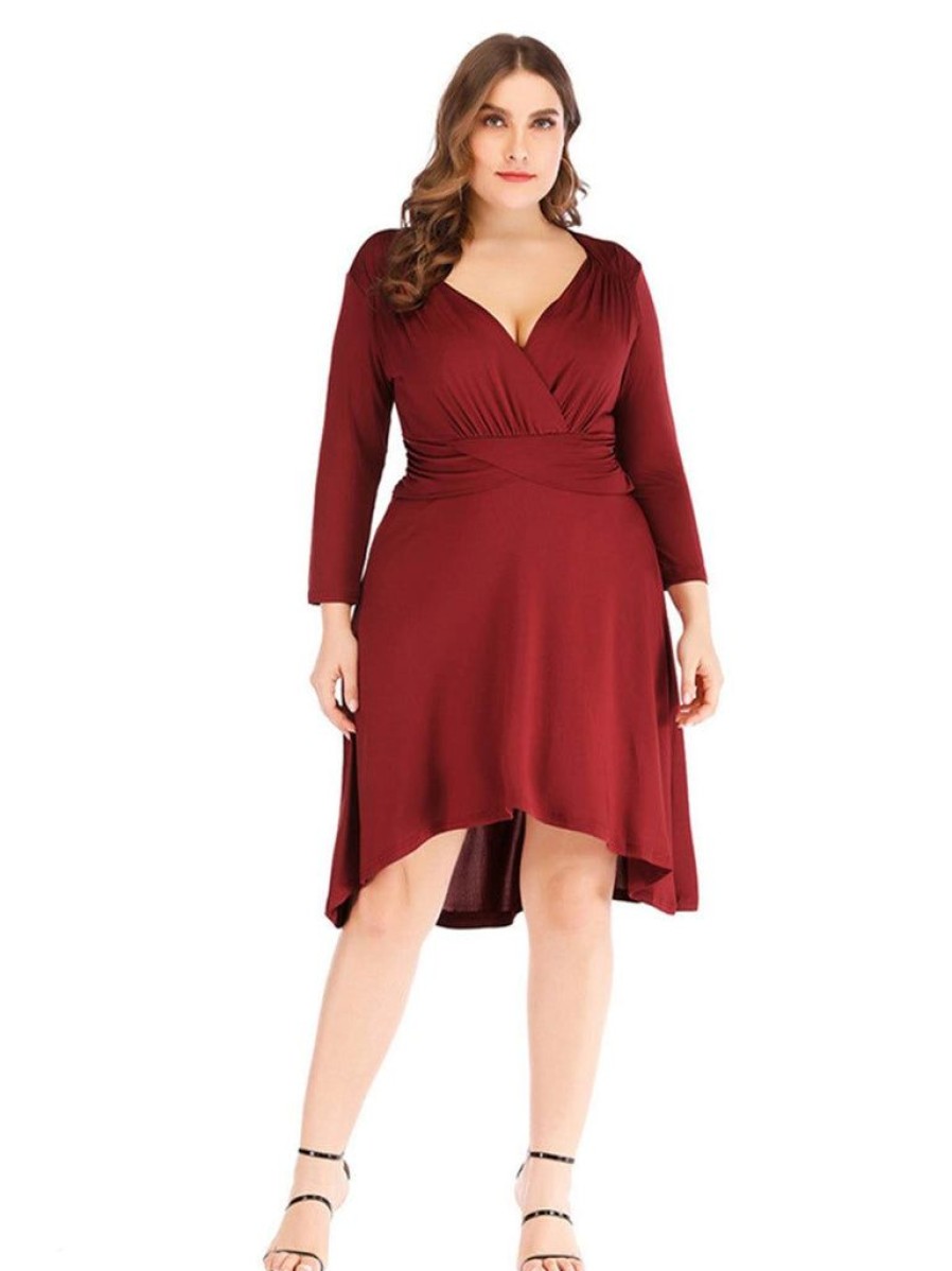 Clothing Retro Stage | [Plus Size] 1960S Solid Pleated Long Sleeved Dress