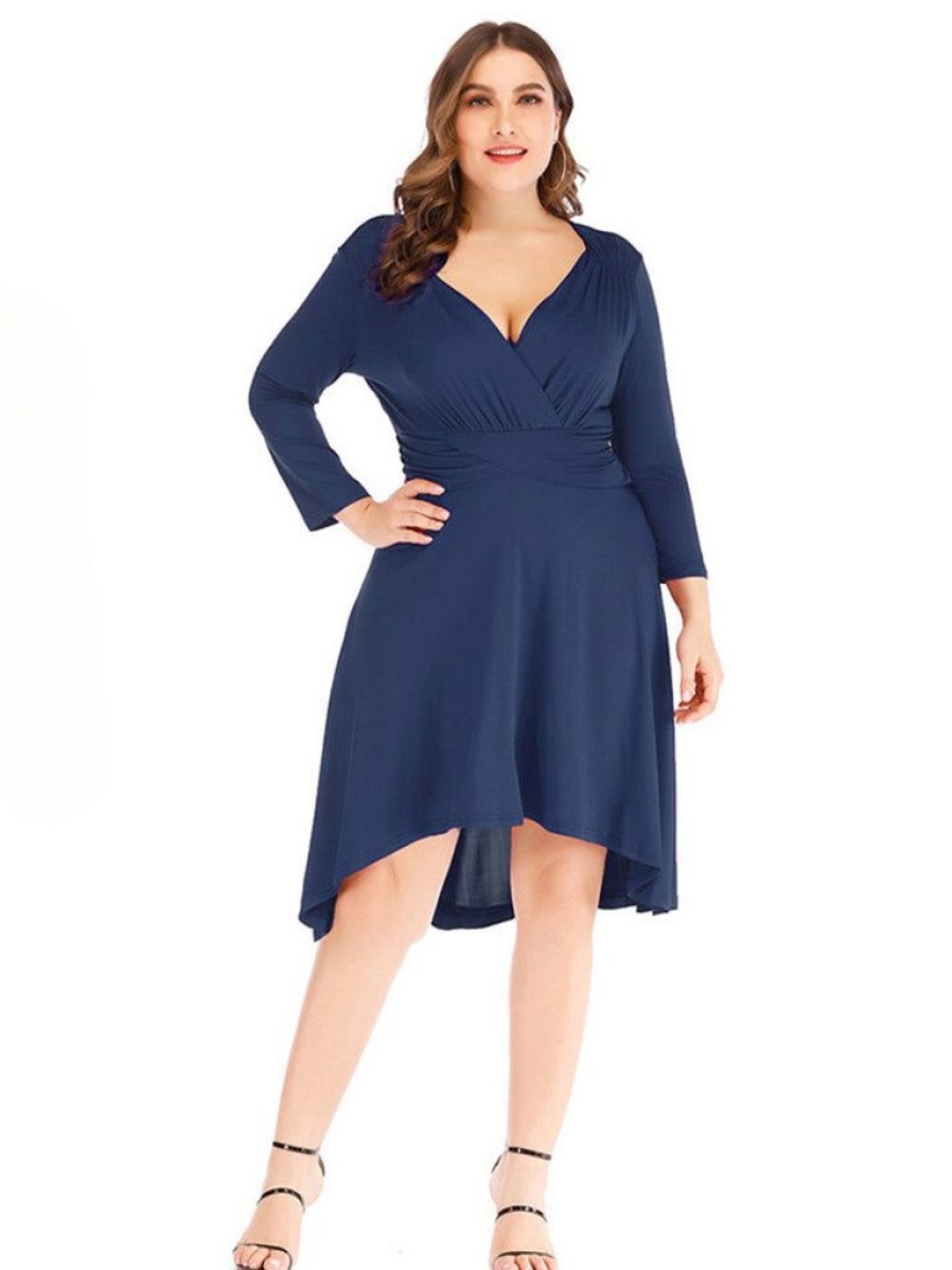 Clothing Retro Stage | [Plus Size] 1960S Solid Pleated Long Sleeved Dress