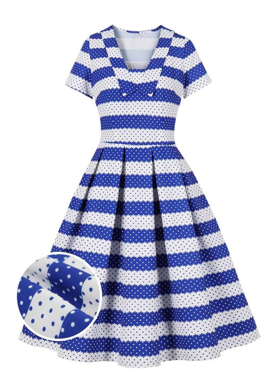 Clothing Retro Stage | 1950S Dots Striped Lapel Dress Blue & White