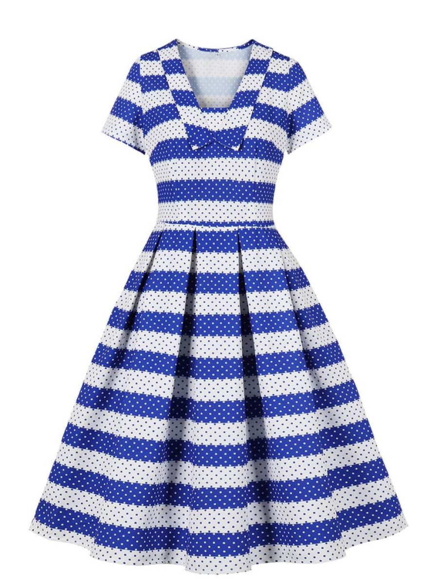 Clothing Retro Stage | 1950S Dots Striped Lapel Dress Blue & White