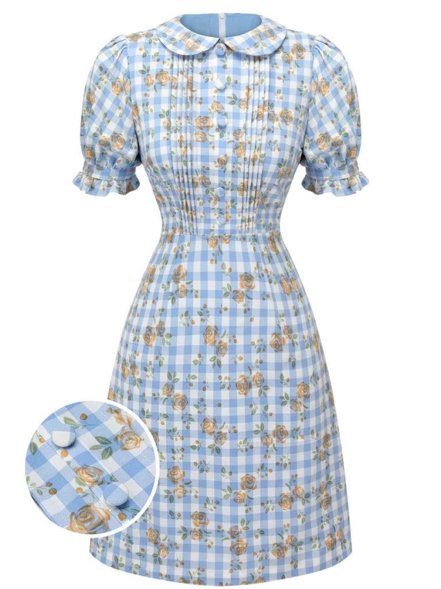 Clothing Retro Stage | 1960S Puff Sleeve Floral Plaid Dress Blue