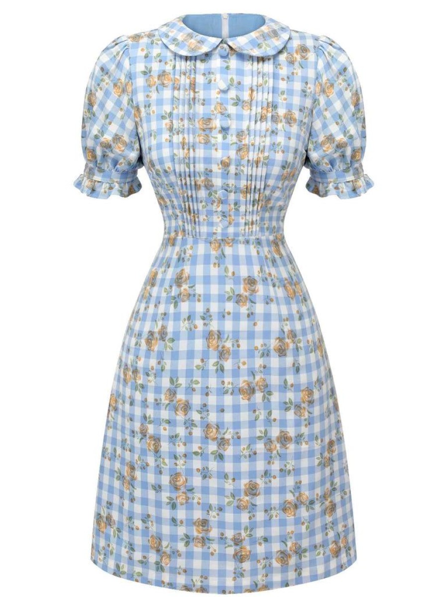 Clothing Retro Stage | 1960S Puff Sleeve Floral Plaid Dress Blue