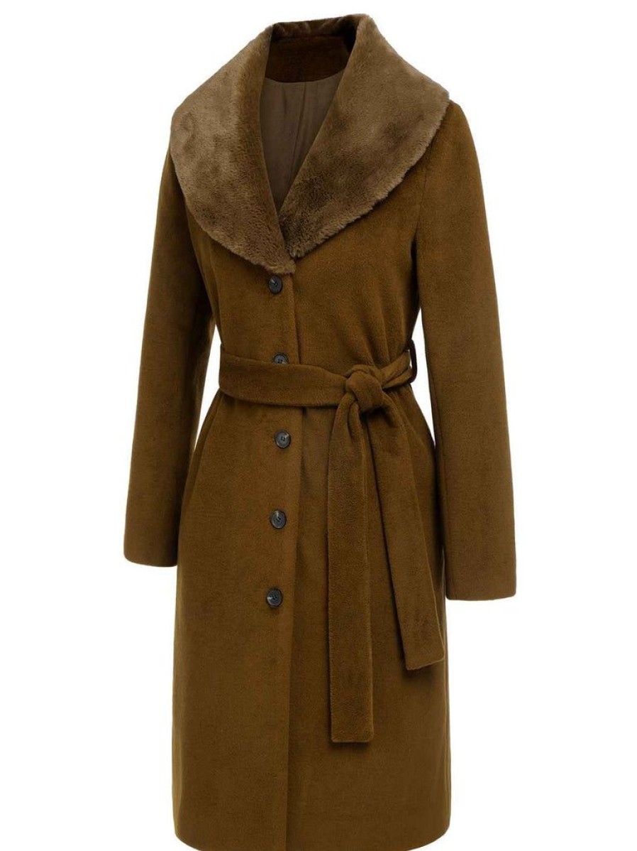 Clothing Retro Stage | [Pre-Sale] 1940S Fur Collar Belted Coat Brown