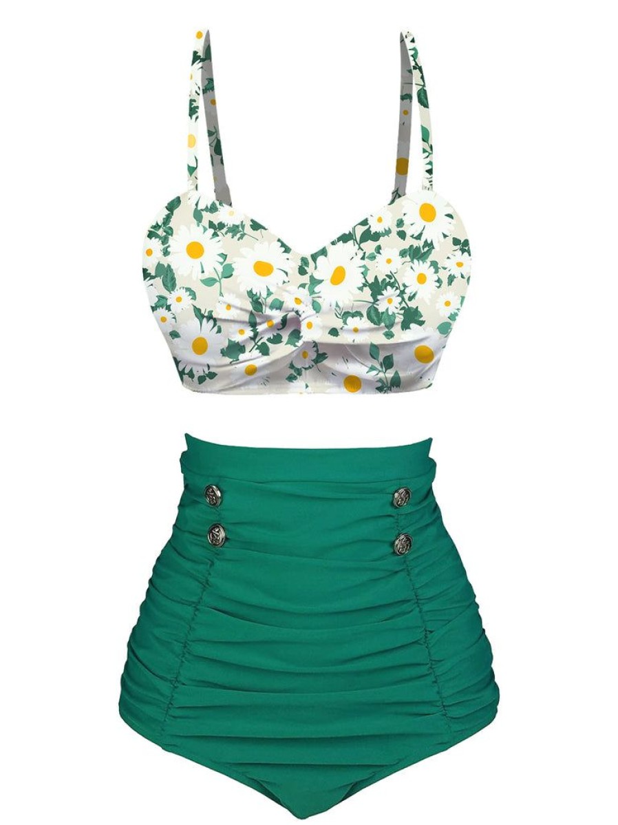 Clothing Retro Stage | 1950S Daisy Strap Pleated Swimsuit Green