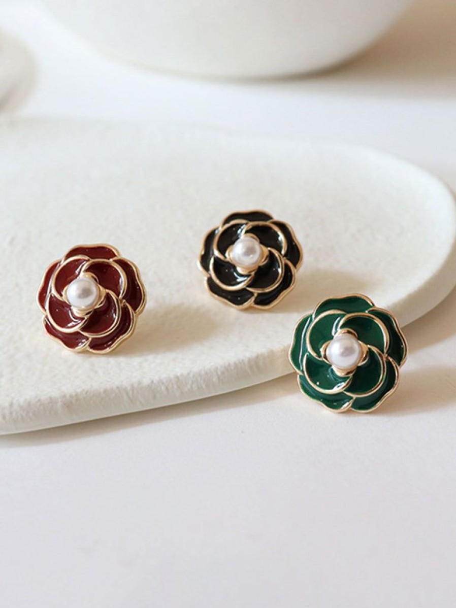 Accessories Retro Stage | Retro Camellia Pearl Stud Earrings