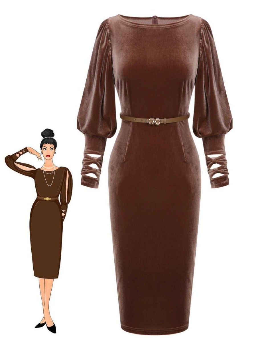 Clothing Retro Stage | [Pre-Sale] 1960S Puff Sleeve Velvet Belted Dress Dark Brown