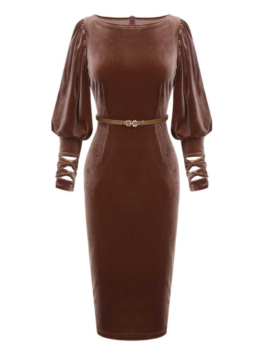 Clothing Retro Stage | [Pre-Sale] 1960S Puff Sleeve Velvet Belted Dress Dark Brown