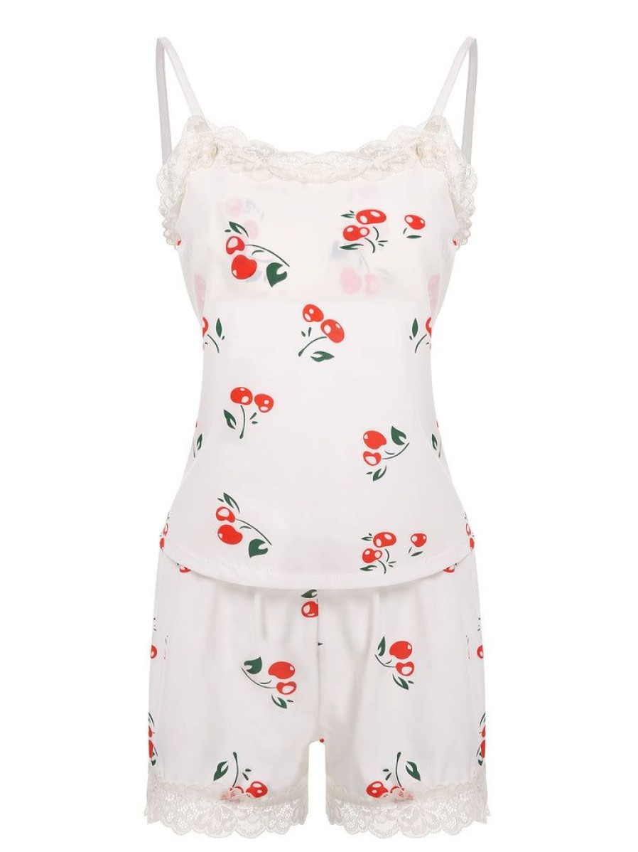 Clothing Retro Stage | Cherry Lace Strap Pajama Set White