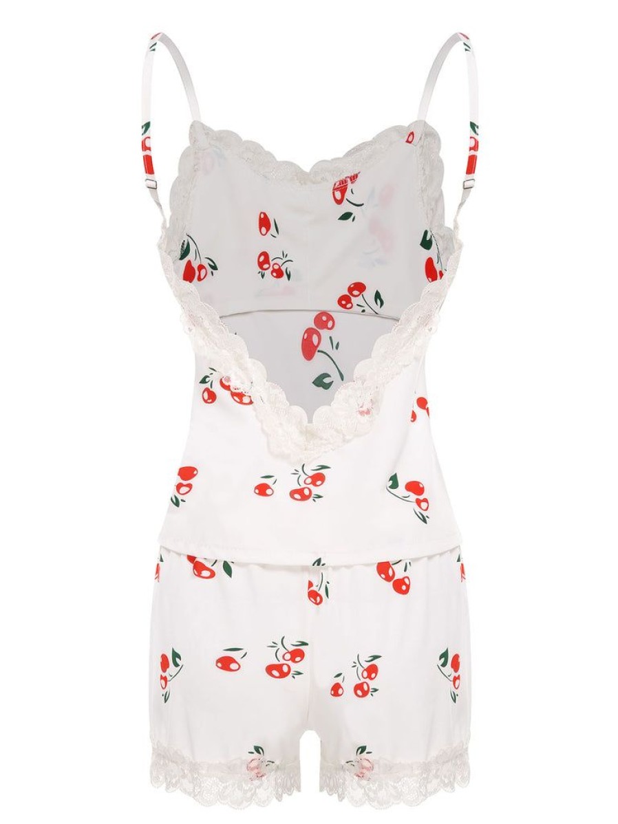 Clothing Retro Stage | Cherry Lace Strap Pajama Set White