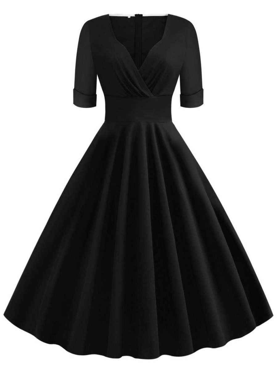 Clothing Retro Stage | 1950S Solid Sweetheart Fold Swing Dress