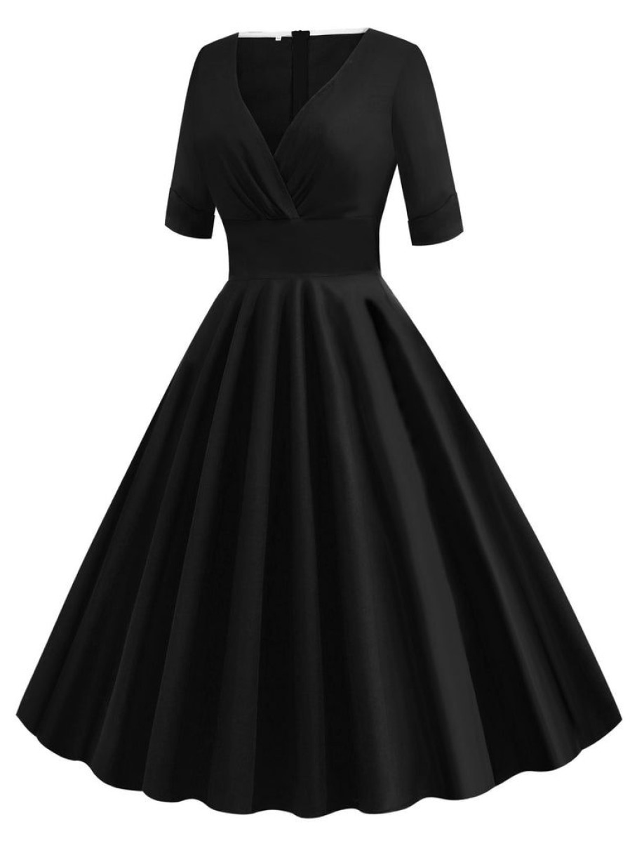 Clothing Retro Stage | 1950S Solid Sweetheart Fold Swing Dress