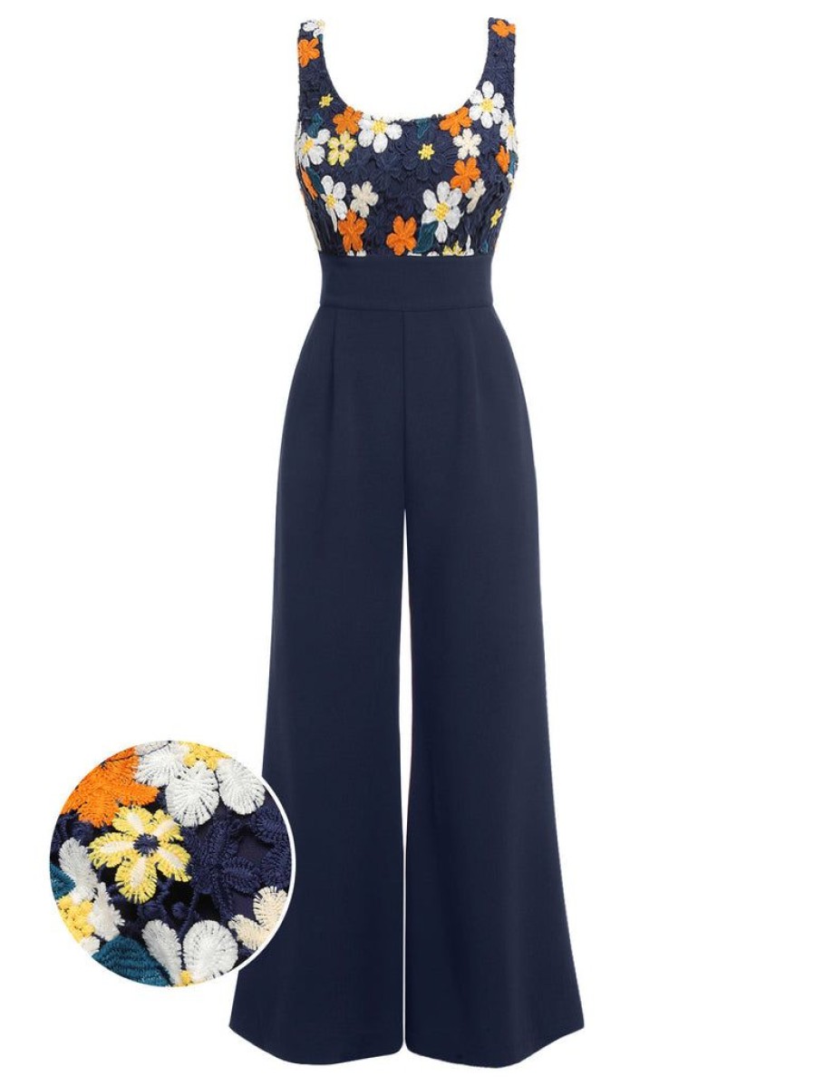 Clothing Retro Stage | [Us Warehouse] 1940S Flower Embroidery Jumpsuit Navy Blue