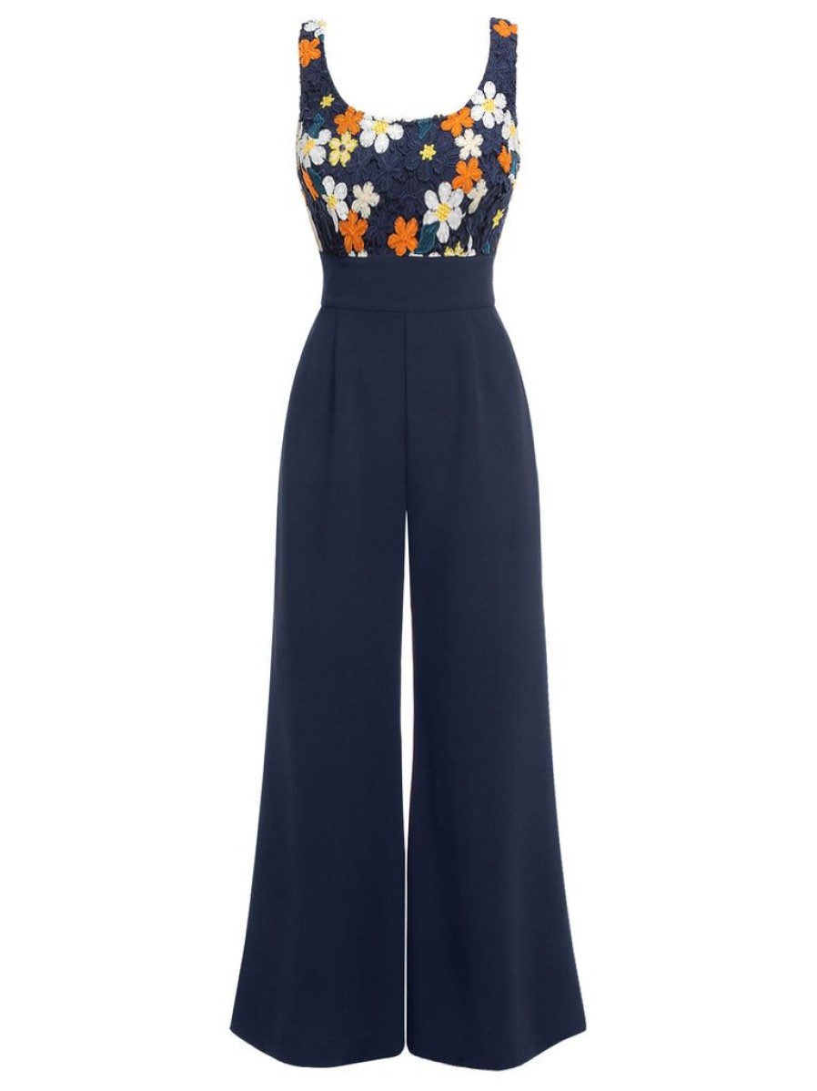 Clothing Retro Stage | [Us Warehouse] 1940S Flower Embroidery Jumpsuit Navy Blue