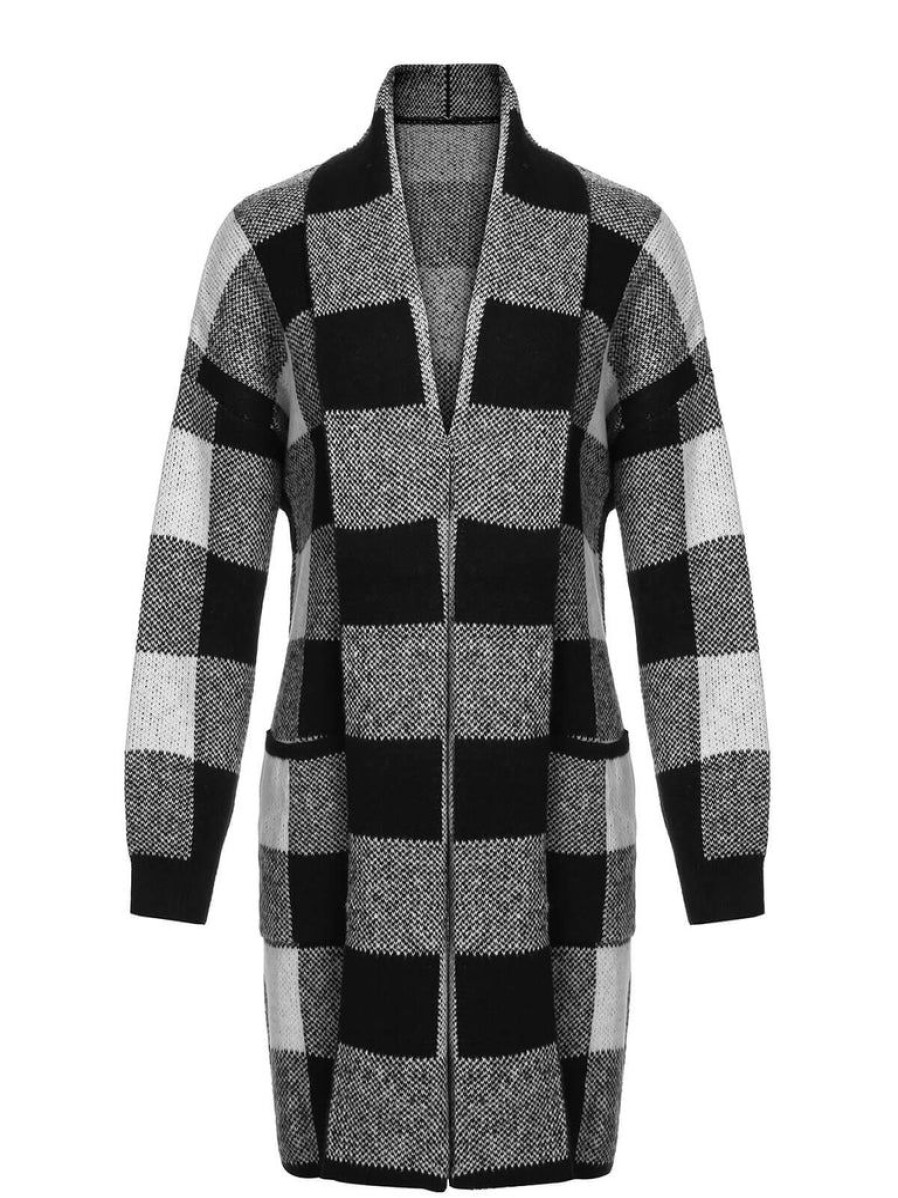 Clothing Retro Stage | 1950S Plaid Knitted Long Cardigan Black & Gray