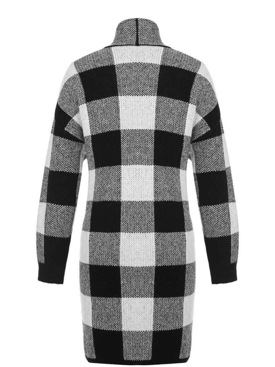 Clothing Retro Stage | 1950S Plaid Knitted Long Cardigan Black & Gray