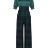 Clothing Retro Stage | 1930S Plaid Patchwork Puff Jumpsuit