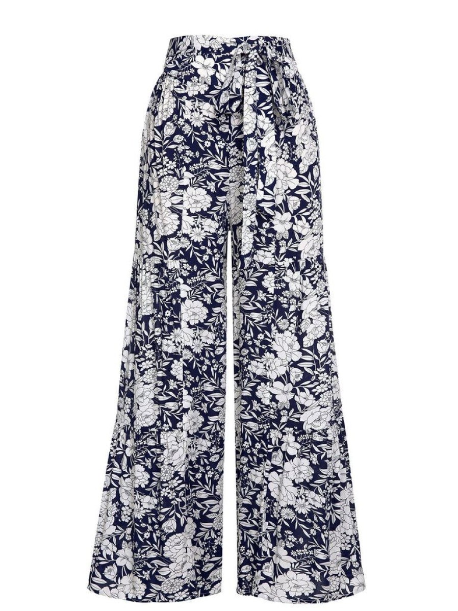 Clothing Retro Stage | 1960S Floral Wide-Leg Pants Navy Blue