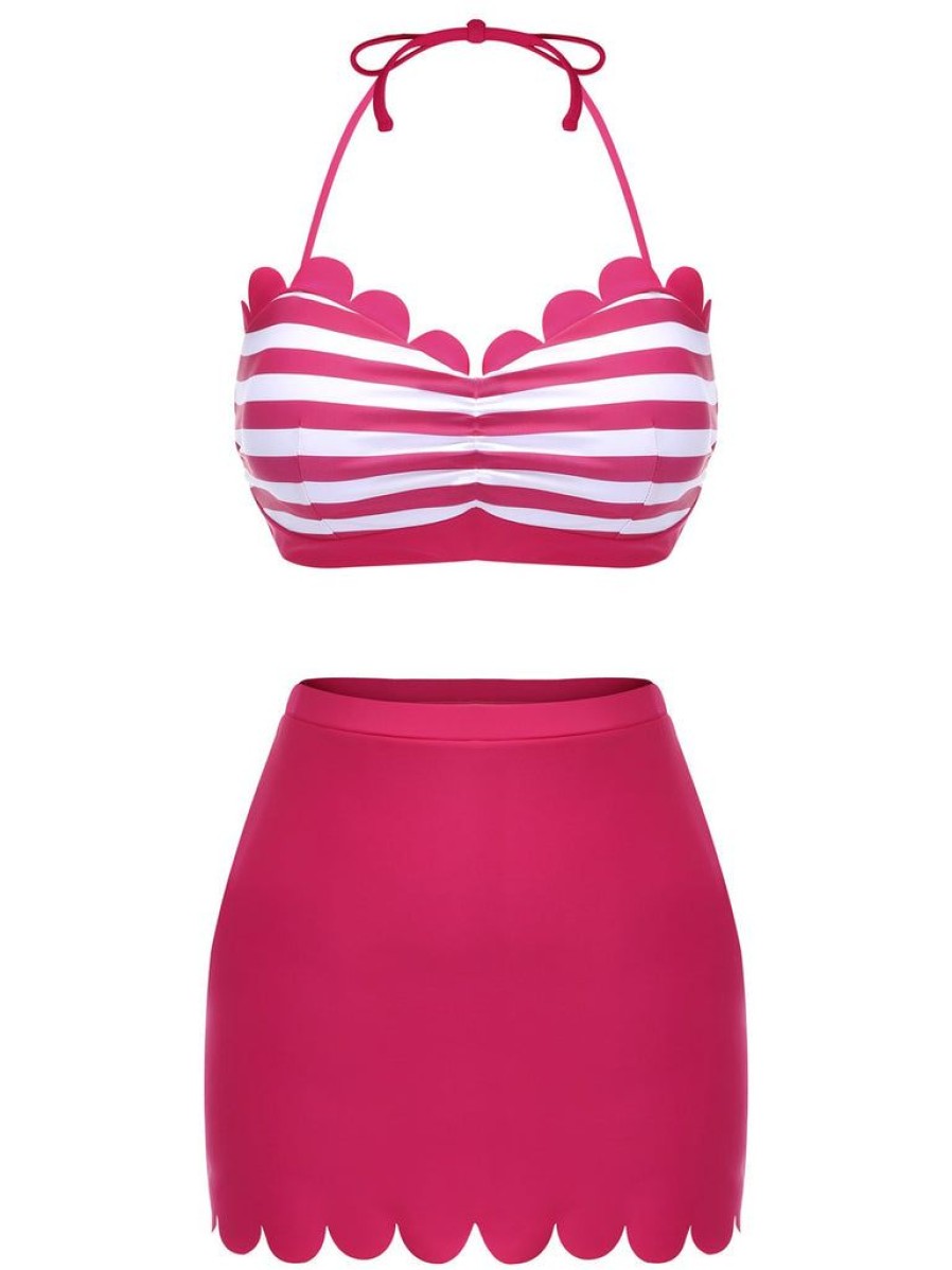 Clothing Retro Stage | 1940S Stripes Halter Bikini Set Rose Pink